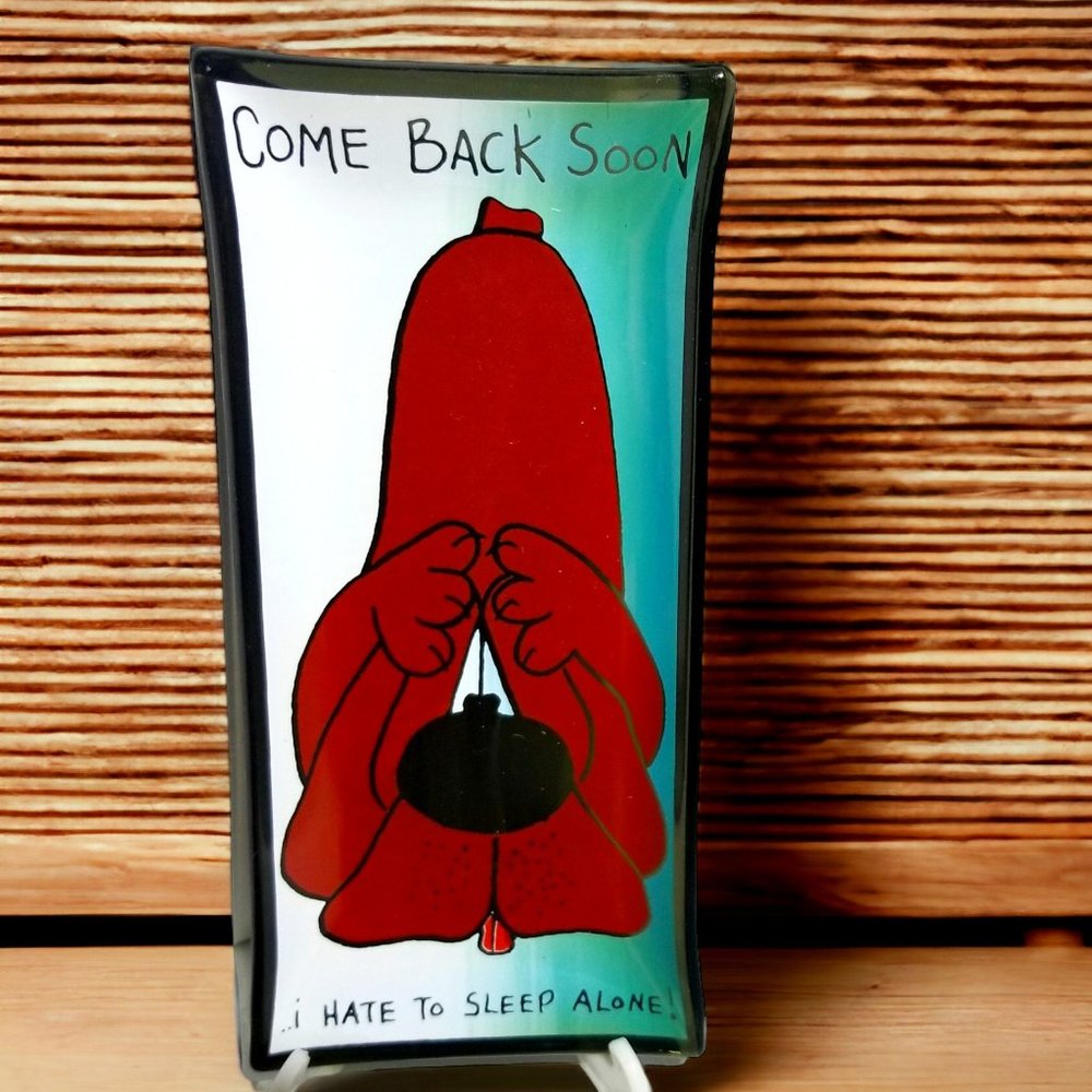 Humourous Smoked Glass Ashtray "Come Back Soon" Mini Tobacciana 1960 Glass Tray